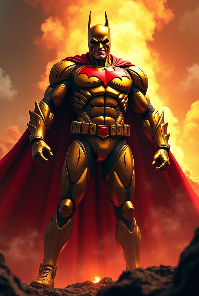 Create superheroes suit look alike batman goldred colour  full body armour laugh face expression  posterized  volcano background smoke effect 
