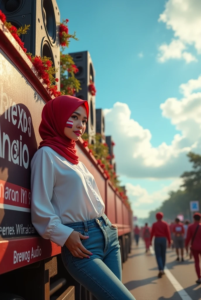 (photorealism), (masterpiece) (Indonesian selebration independens day)
a beautiful Indonesian woman, wearing a long sleeves white t-shirt that reaches below her buttocks and long sleeves, tight jeans, a red hijab with glasses on her head, pink lipstick and Indonesian flag on chick, leaning casually against a truck carrying a stack of audio systems about 3 meters high. The truck has been decorated with colorful cloth and beautifully shaped with the backdrop of the August parade, on the side of the truck there is an art poster that says "BREWOG AUDIO" large and can be read very clearly, the sky is blue, sunlight, outdor, relaxed pose, realistic, intricate details, warm colors, clowdy sky, Focus, Focus, realistic, 5D 8K