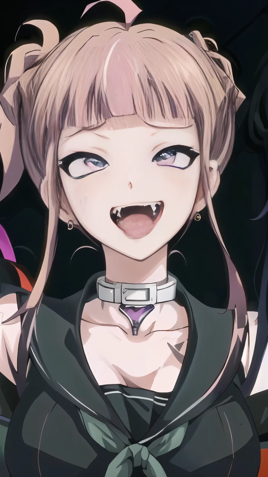 a close up of a person in a linge，With a surprised expression on his face, Aheiyan face, Aheiyan, Another close-up of Iwakura, Hinata Hinata, Serious expression, 2 0 1 9 Anime Screenshots, Danganronpa, In anime, Close-up of Iwakura Ren, Slightly happy expression(masterpiece:1.2), best quality, Beautiful rebellious girl,portrait, 
1 Girl, have, open mouth, Glossy lips, short hair, , Pink Eyes, earrings,, Long eyelashes,  contour, Upper Body, Clothes Writing,Huge bust、Protruding chest、Super huge、Huge breasts,  Barcode tattoo, bust,  Smile, Collar，Huge bust，Long hair，Drool，Milky saliva，Showing breasts，Chest-baring clothes，拴着铁链的Collar，Fangs，Facing the camera，Red heart-shaped pupils，Superbly detailed eyes，Exquisite face，Detailed face，Delicate nose，Intricate tattoos，Rainbow colored hair tips，short hair女孩
 