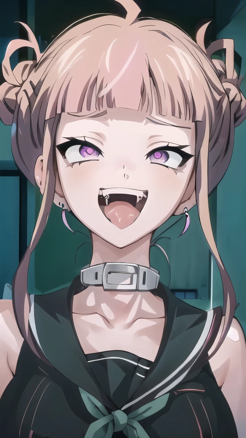 a close up of a person in a linge，With a surprised expression on his face, Aheiyan face, Aheiyan, Another close-up of Iwakura, Hinata Hinata, Serious expression, 2 0 1 9 Anime Screenshots, Danganronpa, In anime, Close-up of Iwakura Ren, Slightly happy expression(masterpiece:1.2), best quality, Beautiful rebellious girl,portrait, 
1 Girl, have, open mouth, Glossy lips, short hair, , Pink Eyes, earrings,, Long eyelashes,  contour, Upper Body, Clothes Writing,Huge bust、Protruding chest、Super huge、Huge breasts,  Barcode tattoo, bust,  Smile, Collar，Huge bust，Long hair，Drool，Milky saliva，Showing breasts，Chest-baring clothes，拴着铁链的Collar，Fangs，Facing the camera，Red heart-shaped pupils，Superbly detailed eyes，Exquisite face，Detailed face，Delicate nose，Intricate tattoos，Rainbow colored hair tips，short hair女孩
 