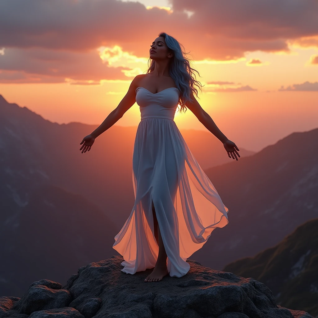 Silhouette of 1 beautiful biracial latina woman light blue hair with big large , on top of a mountain,sunset behind, spread her arms,eyes closes, heads up, Plan Large, shadow on the ground, serene pose, photo realistic, Résolution Haute, white dress, extremely detailed full body