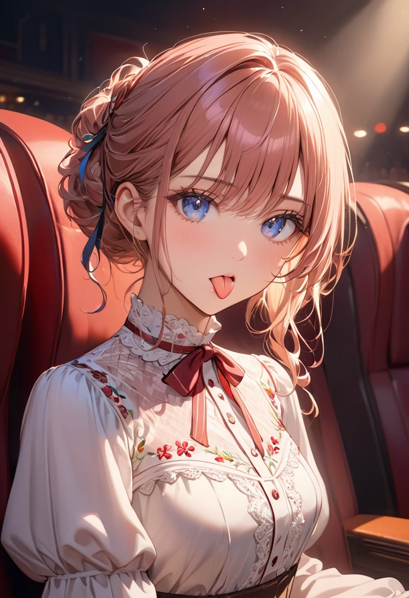 ((Highest quality)), ((masterpiece)), (detailed), High resolution, Perfect Face, detaileded eyes, Beautiful Eyes, Cinema Lighting, 1 beautiful girl, victorian blouse, Gorgeous embroidery, Medium ?????, Sticking out tongue