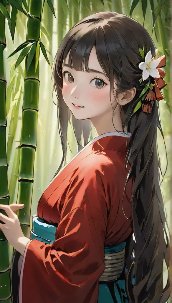 Highest quality, Tabletop, High resolution, (((One Woman)))、Grey Eyes、Dark red kimono、((black floral kimono)), (((bamboo林を歩く、Princess Kaguya)))、Tyndall effect, Realistic, Shadow Studio, red lighting, Dual Tone Lighting, (High resolutionスキン: 1.2) Digital SLR, photograph, High resolution, 4K, 8k,bamboo林、bamboo、green、 Background Blur,Beautiful fade out、Long Hair, smile,