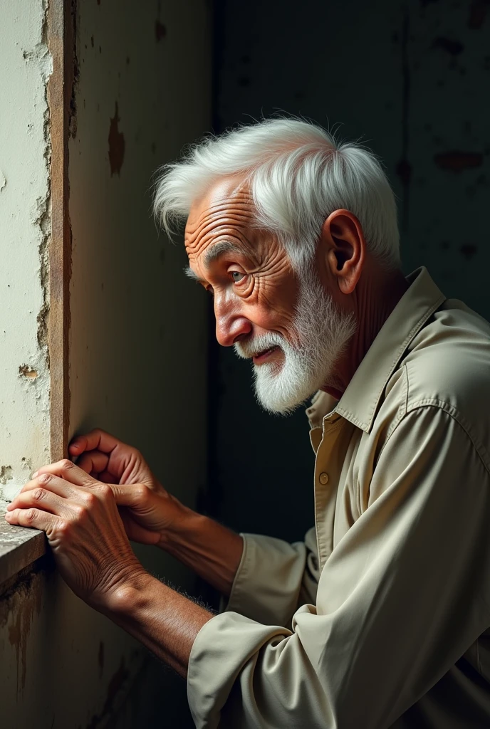 make a picture of a 50-year-old white-haired uncle who is the same as the picture before looking at a small crack in the wall of his house





























