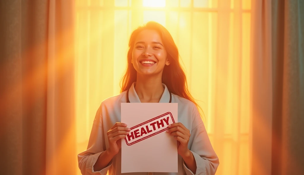 "An image of a relieved person holding a medical report with a visible 'Healthy' stamp on it, surrounded by a soft glow. The background should be bright and positive, symbolizing resolution and hope. Include text that says 'Aapka Liver Ka Raaz Kya Hai? Jaanein Ab!' in an engaging font."