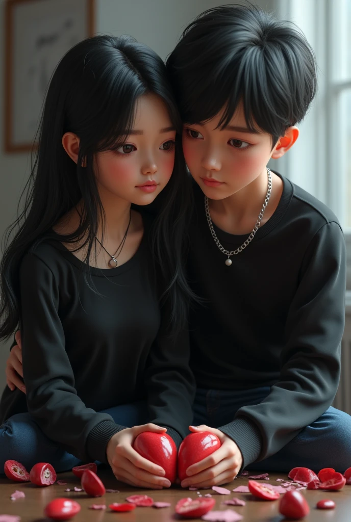 Create 3D image.one boy and girl heart broked heart.the boy and girl wear black colour full sleeve tshirt and girl had a cute little platinam chain .the boy neck have a black colour little rope in 10 in neck chain.they are sitting the smoke broken heart.They are .they are huging sad.front side face .
