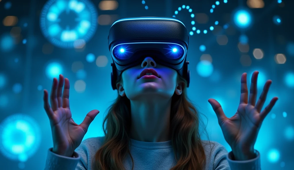 Create a highly realistic scene of a young woman completely immersed in a state-of-the-art virtual reality experience.. He wore a sleek, futuristic VR headset that covered his eyes and had neon blue lights emanating from it., which reflects advanced technology. The background is a dimly lit, high-tech room filled with holographic projections., luminous data stream, and interconnected nodes that represent a digital network.. His hands were raised, his fingers are slightly spread, as if he was interacting with or manipulating virtual objects in the air.. This scene should convey a sense of deep concentration and seamless interaction between the physical and digital worlds., with a focus on the unity between human emotions and advanced technology.