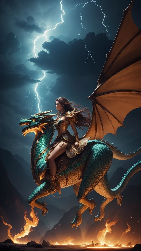 (((UHD))), (((masterpiece))), (((8k))), (((highres))), (((Surrealism))), (((cinematic lighting))), god rays, zoom layer, (((cowboy shot))), f/4.0, Canon, 1 woman, Shiny skin,Detailed skin,Detailed face, Detailed eyes, 1 dragon, Front view, Beautiful goddess, riding on the back of a dragon, Lightning shining , thunder, With long hair, Dresses that shine like jewels, Giant dragon with golden wings, The dragon that spewed out flames, Lightning around the dragon, fantastical scenes, The power and beauty of nature