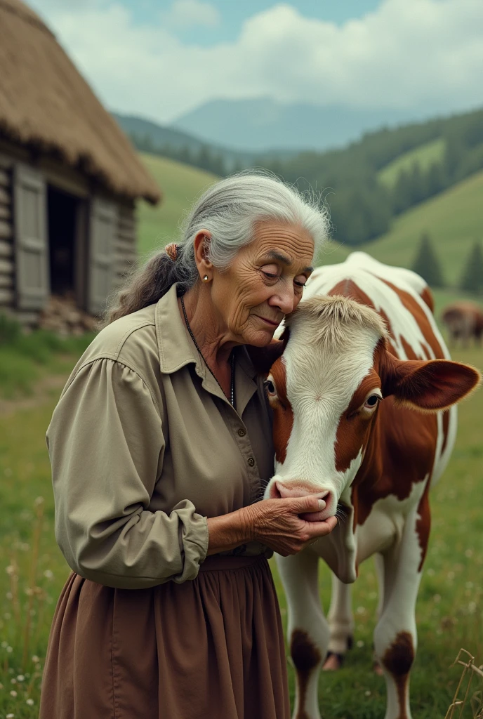 A old lady licking cow breast