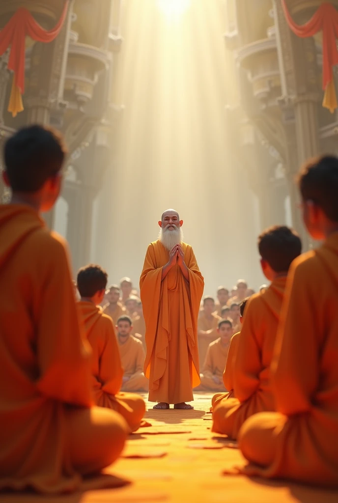 In cinamatic 3d cartoon "Here is the image of a spiritual gathering where a saint is delivering a speech. The saint and the audience are dressed in saffron-colored clothing, creating a peaceful and sacred atmosphere. Saint face south direction 