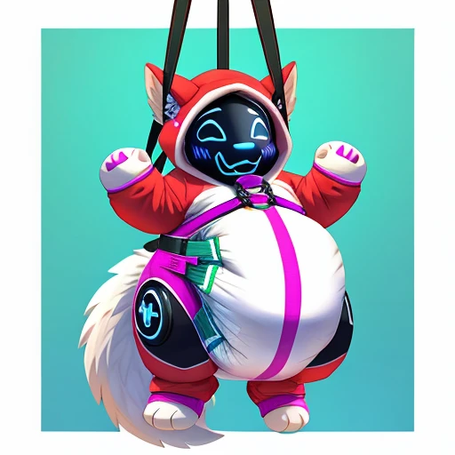Adult Male anthro protogen detailed baby blue eyes, long tail, cubby, simple background, cute smile, fluffy tail, fullbody view, solo, digital art, different views, ultra super extremely thick diaper, diaper with 4 tapes, cute smile, fat diaper bulge under the onesie, very big diaper, super obeas fat padded footed onesie Pampersuit with extra thick padding to make it look like it has lots of baby fat, in ceiling hanged baby bouncer, pacifier in mouth, and visible baby bouncer harness on the padded onesie, blushing, cutely happy and very sleepy face, wearing an oversized pacifier in the mouth, wearing thick padded useless paws mittens and booties, unable to move and helpless bounce in the bouncer in a cute way. The padding on the onesie is soo thick, it doesn't allow movement and makes the wearer look super fat while the diaper bulges out and is very noticeable. Have the harness on the onesie be connected to the ceiling hanged baby bouncer and the wearer dangling helplessly but cutely. And when I mean the diaper and onesie are fat and makes the wear immobile, I mean adult immobile. Also Add diaper crinkling sound effects