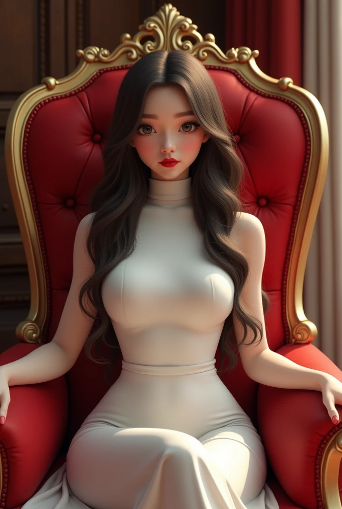 Gorgeous 25 yrs old girl with long hair wearing white turtle neck long dress and red lipstick sitting in the red royal chair putting the 2 hand in armchair. 3D semi animated portrait full image