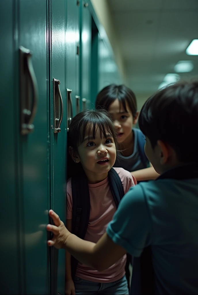 A highly realistic image inside a dimly lit school hallway. The same young  from the first image is now cornered against a row of lockers. Three other kids, slightly older, are surrounding them with menacing expressions. One of the bullies is grabbing the child's backpack, trying to yank it away, while another is pushing the child against the lockers. The third bully is pointing and laughing mockingly. The child's face shows a mix of fear, confusion, and helplessness. Their eyes are wide, and they have a few tears forming. The hallway is empty except for this group, and the scene is tense, capturing the intensity and fear of a bullying incident at school.