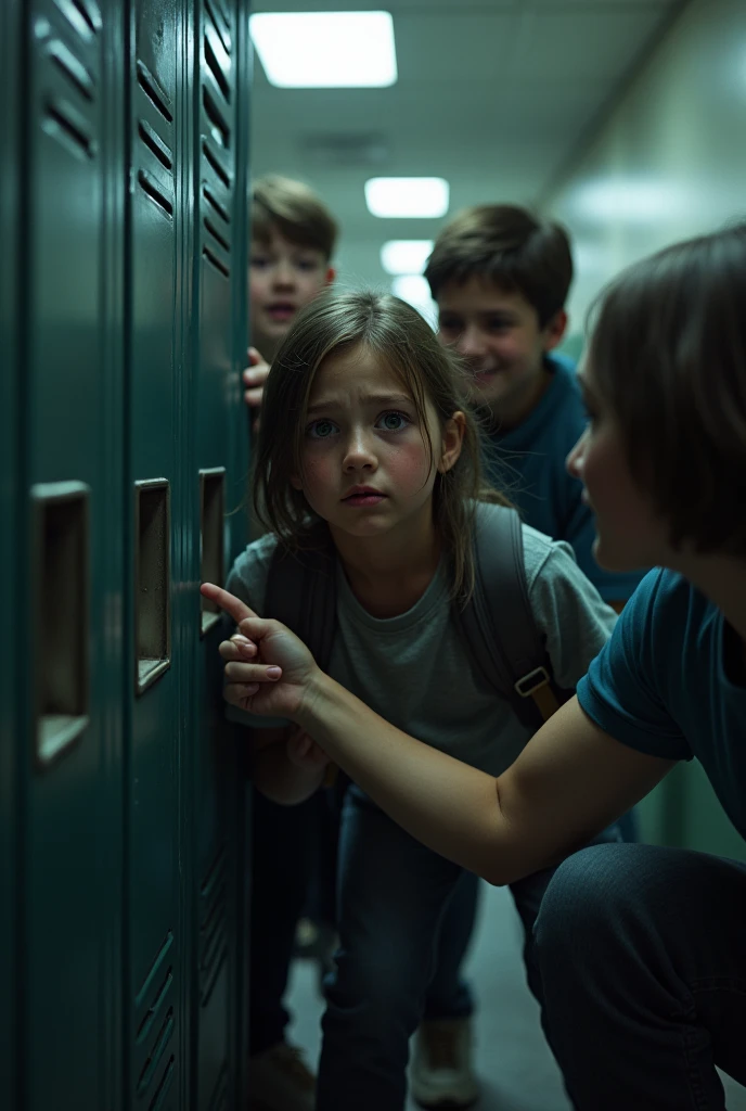 A highly realistic image inside a dimly lit school hallway. The same young child from the first image is now cornered against a row of lockers. Three other kids, slightly older, are surrounding them with menacing expressions. One of the bullies is grabbing the child's backpack, trying to yank it away, while another is pushing the child against the lockers. The third bully is pointing and laughing mockingly. The child's face shows a mix of fear, confusion, and helplessness. Their eyes are wide, and they have a few tears forming. The hallway is empty except for this group, and the scene is tense, capturing the intensity and fear of a bullying incident at school.