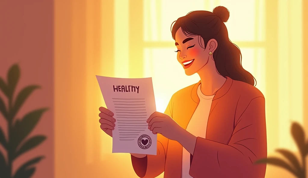 "An image of a relieved person holding a medical report with a visible 'Healthy' stamp on it, surrounded by a soft glow. The background should be bright and positive, symbolizing resolution and hope. Include text that says 'Aapka Liver Ka Raaz Kya Hai? Jaanein Ab!' in an engaging font."