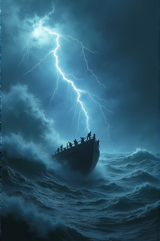 Visual: A dramatic, dark, and turbulent ocean with high waves and lightning.
Text: "Battling the Furious Storms!"
Elements: Add images of a small boat struggling against the waves.