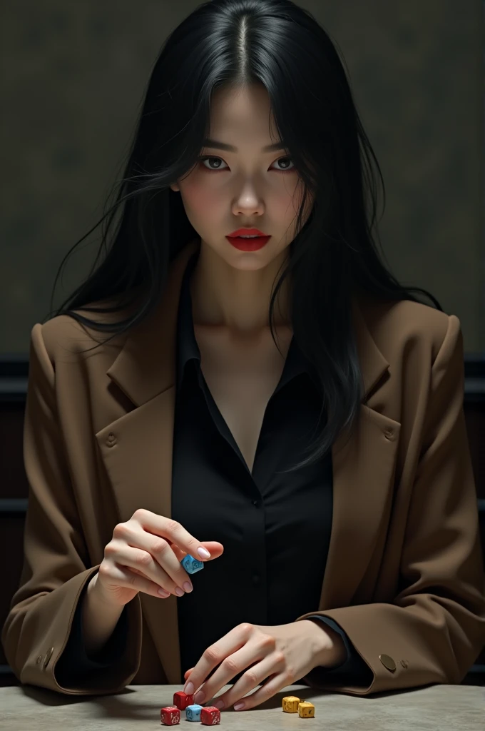 Asian woman with black hair , a black shirt and a long brown coat, with gray eyes, evil smile playing dice