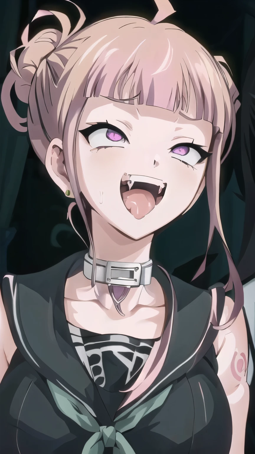 a close up of a person in a linge，With a surprised expression on his face, Aheiyan face, Aheiyan, Another close-up of Iwakura, Hinata Hinata, Serious expression, 2 0 1 9 Anime Screenshots, Danganronpa, In anime, Close-up of Iwakura Ren, Slightly happy expression(masterpiece:1.2), best quality, Beautiful rebellious girl,portrait, 
1 Girl, have, open mouth, Glossy lips, White short hair, , Pink Eyes, earrings,, Long eyelashes,  contour, Upper Body, Clothes Writing,Huge bust、Protruding chest、Super huge、Huge breasts,  Barcode tattoo, bust,  Smile, Collar，Huge bust，Long hair，Drool，Milky saliva，Showing breasts，Chest-baring clothes，拴着铁链的Collar，Fangs，Facing the camera，Red heart-shaped pupils，Superbly detailed eyes，Exquisite face，Detailed face，Delicate nose，Intricate tattoos，Rainbow colored hair tips，Short hair girl
 