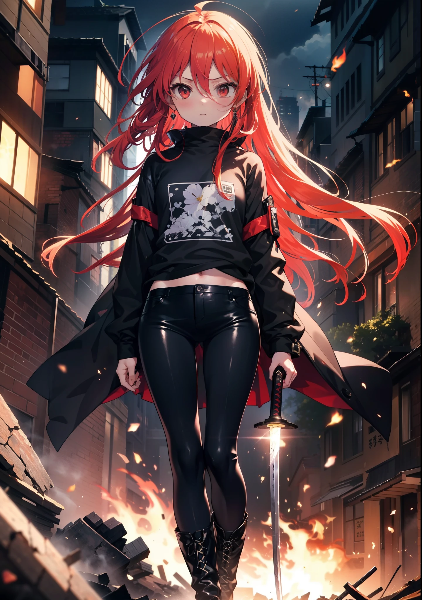 Shana,灼眼のShana,Long Hair, Redhead, Red eyes, Ahoge,Small breasts,Serious face,Black Rider Suit,Black T-shirt,Leather pants,boots,rubble,The town is collapsing,Explosive Flame,Japanese sword with flames:1 is stuck in the ground,night,moonlight,Are standing,whole bodyがイラストに入るように,　　　　　　　　　　　　　break outdoors, Building district,　　　　　　　　　　　　　　　break looking at viewer, whole body, 　　　　　　　　break (masterpiece:1.2), Highest quality, High resolution, unity 8k wallpaper, (shape:0.8), (Beautiful attention to detail:1.6), Highly detailed face, Perfect lighting, Extremely detailed CG, (Perfect hands, Perfect Anatomy),