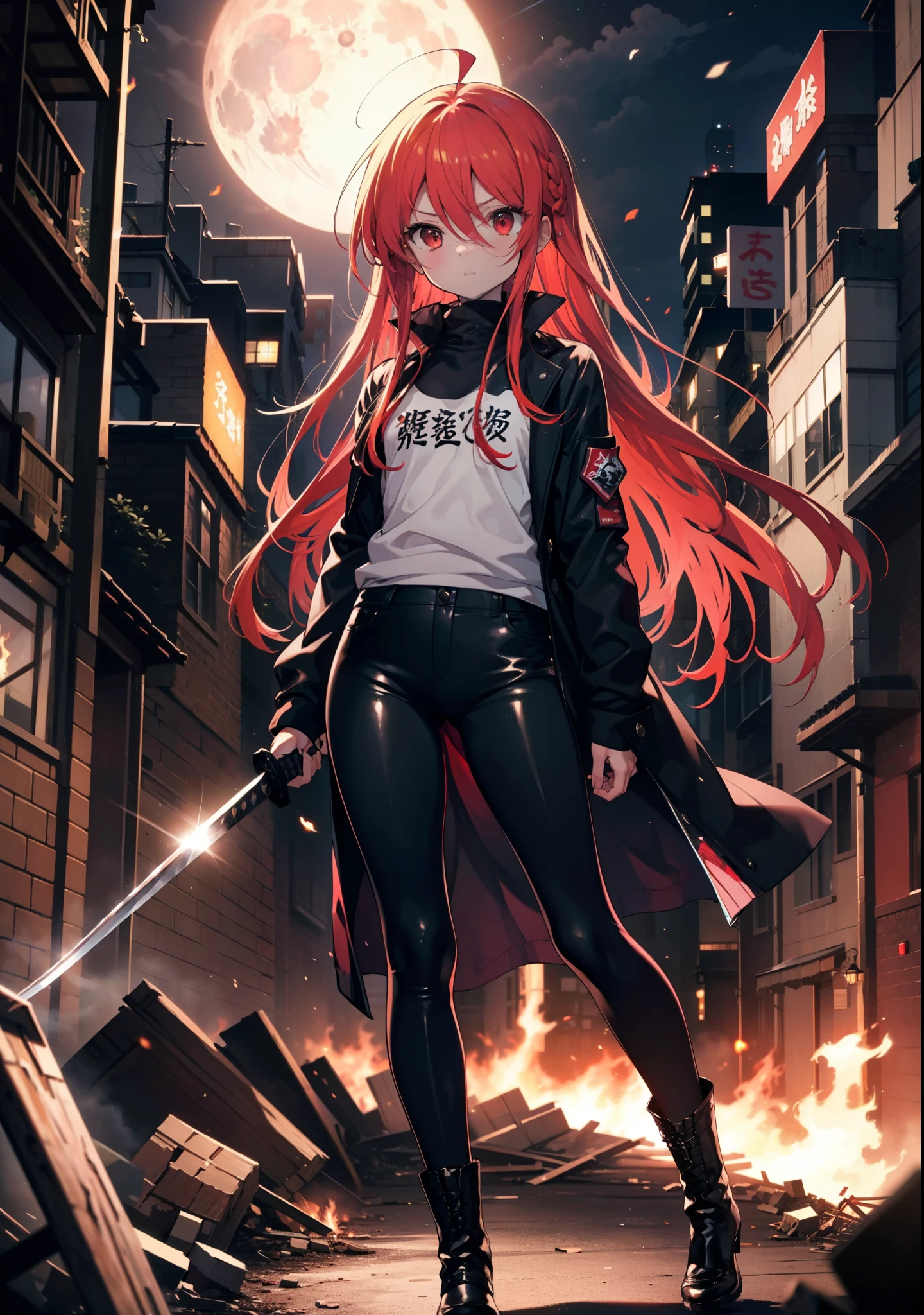 Shana,灼眼のShana,Long Hair, Redhead, Red eyes, Ahoge,Small breasts,Serious face,Black Rider Suit,Black T-shirt,Leather pants,boots,rubble,The town is collapsing,Explosive Flame,Japanese sword with flames:1 is stuck in the ground,night,moonlight,Are standing,whole bodyがイラストに入るように,　　　　　　　　　　　　　break outdoors, Building district,　　　　　　　　　　　　　　　break looking at viewer, whole body, 　　　　　　　　break (masterpiece:1.2), Highest quality, High resolution, unity 8k wallpaper, (shape:0.8), (Beautiful attention to detail:1.6), Highly detailed face, Perfect lighting, Extremely detailed CG, (Perfect hands, Perfect Anatomy),