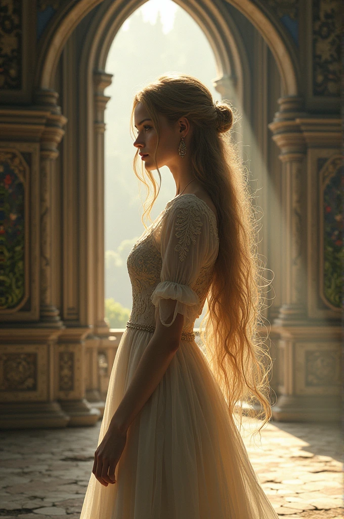 gernate a picture of rupenzal like girl with long hair standing in the castle looking away and seem like she is dreaming in 9:16 frame