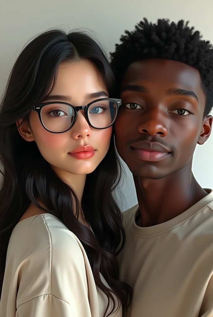Photorealism Short white girl with long black hair wearing glasses with a tall black boy with a round face 