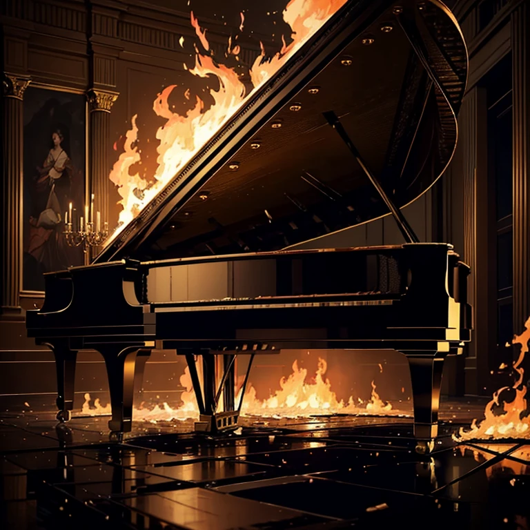 (masterpiece, best quality, ultra-detailed, illustration, high resolution, UHD, depth, cinematic lighting), piano, fire, blaze, large empty room, giant room, piano in center, burning piano, piano on fire:1.4, piano in a blaze, burning, surrouned by flames, dark room, sadness, grief, regret, emotion, love, beaty, poetry, destruction, piano going up in flames