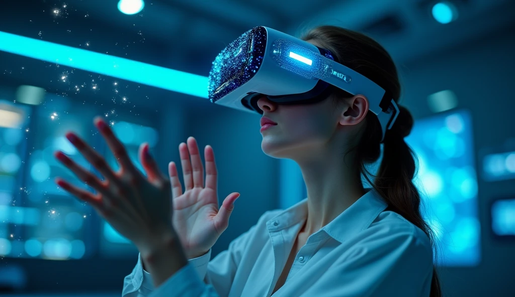 Create a highly realistic scene of a young woman completely immersed in a state-of-the-art virtual reality experience.. He wore a sleek, futuristic VR headset that covered his eyes and had neon blue lights emanating from it., which reflects advanced technology. The background is a dimly lit, high-tech room filled with holographic projections., luminous data stream, and interconnected nodes that represent a digital network.. His hands were raised, his fingers are slightly spread, as if he was interacting with or manipulating virtual objects in the air.. This scene should convey a sense of deep concentration and seamless interaction between the physical and digital worlds., with a focus on the unity between human emotions and advanced technology.