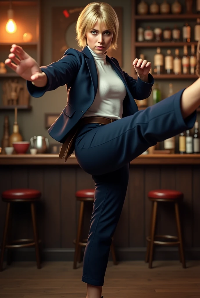 karate pose, Karate kick , Full body, solon, woman of 007 , in Pub , (1 Scottish woman , 30 age old ,(gold hair, short cut, serious, glare at man), ((wearing Navy Blue blazer jacket, white turtleneck sweater, Navy Blue pants, brown shoes :1.3)) , ((super detail, high details, high quality, accurate, anatomically correct, textured skin, beautiful fingers super detail, high details, high quality, best quality))