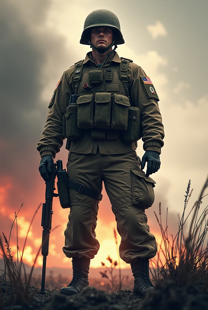 Create a thumbnail that says "Requirements: follow me and give ❤" as in a list of a soldier who is at war


