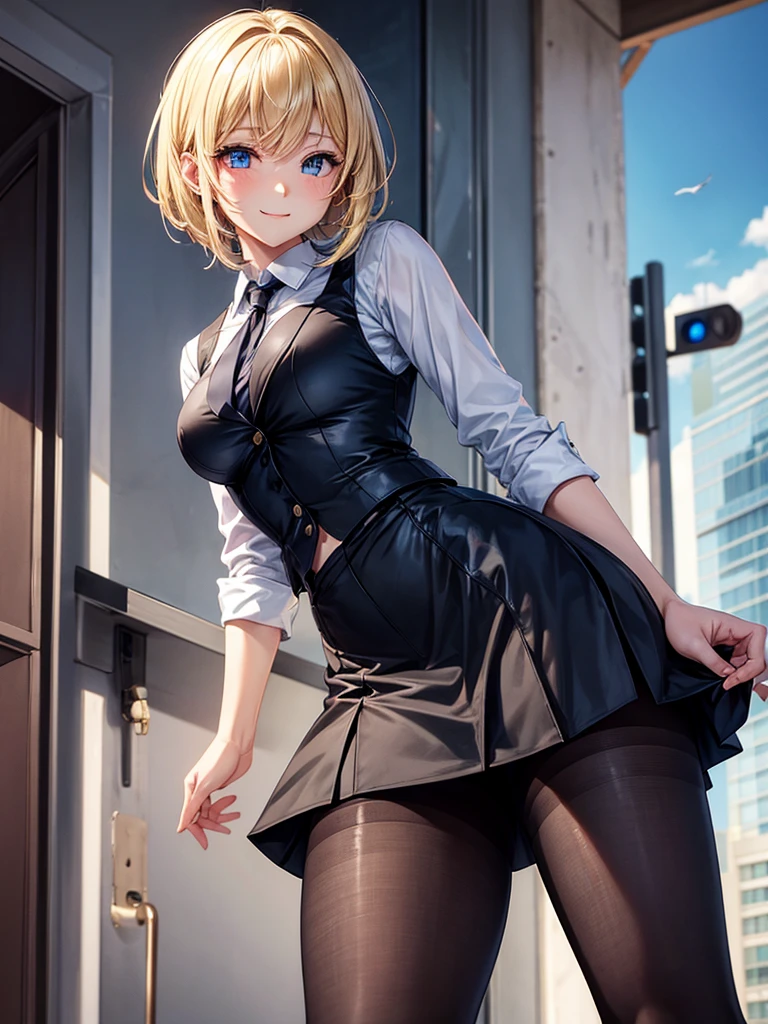 Anime style, super fine illustration, highly detailed, beautiful detailed, super high quality image, static representation, gentle expression, happy expression, the pretty image, 8k, pretty 1girl with blonde straight short hair & blue eyes & a bright smile & full bust & soft fair skin is a female secretary not to show her skin wearing the business shirt & vest & black tight skirt & black pantyhose on the urban business buildings street, holding 1bag, no more bag, happy stories, solo, perfect fingers, no more fingers, no less fingers, perfect arms, perfect legs, masterpiece.