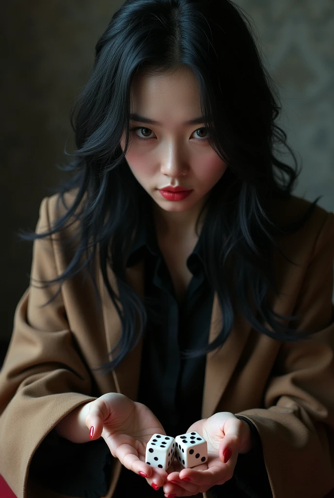Asian woman with black hair , a black shirt and a long brown coat, with gray eyes, evil smile playing dice