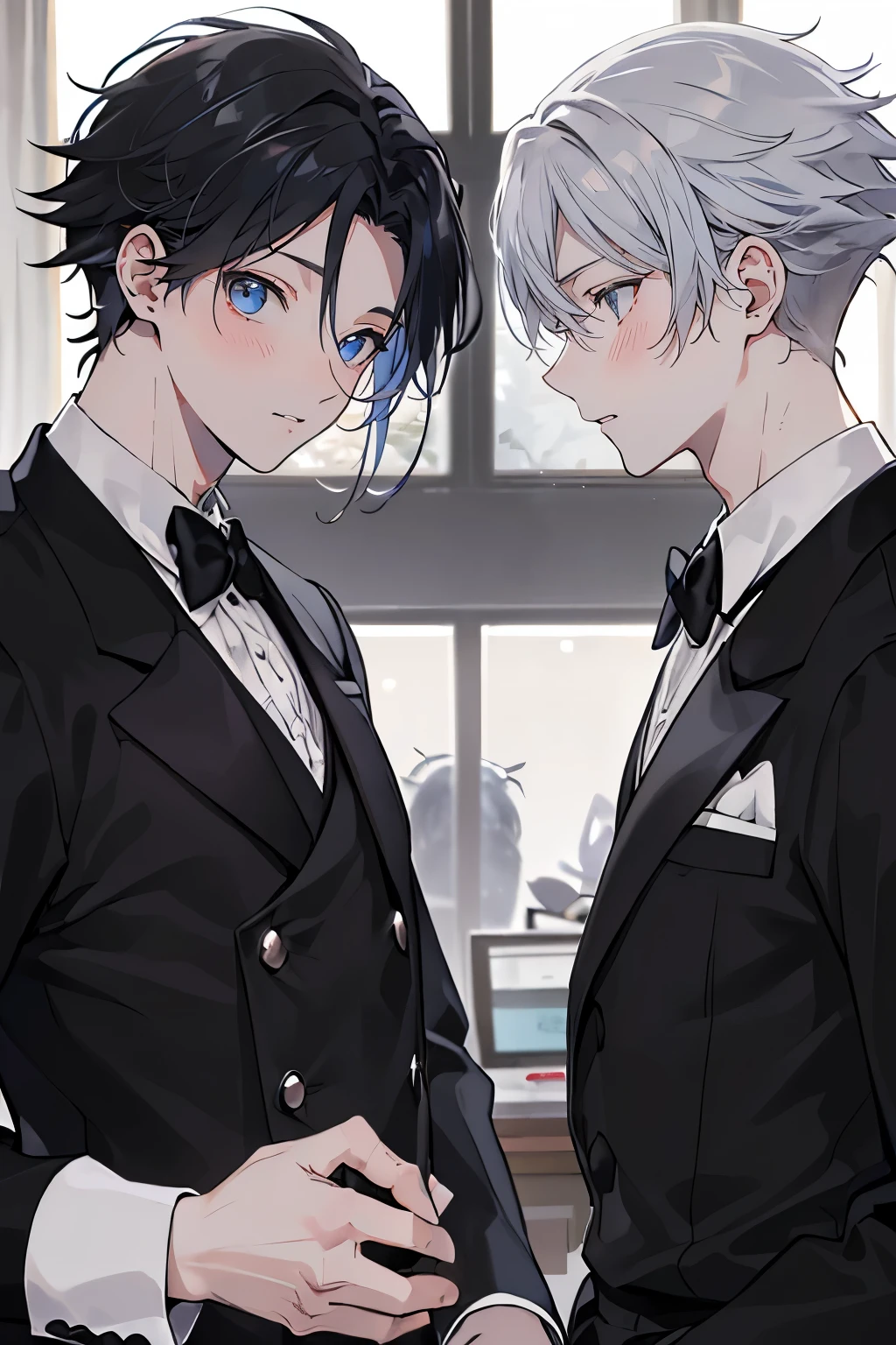 (Mastepiece)、(Best Quality)、Very detailed、((Two butlers:1.5))、Perfect Face、Beautiful Face、Very detailedな顔、(Black-haired man:1.3)、(Grey-haired man:1.3)、Deacon's uniform