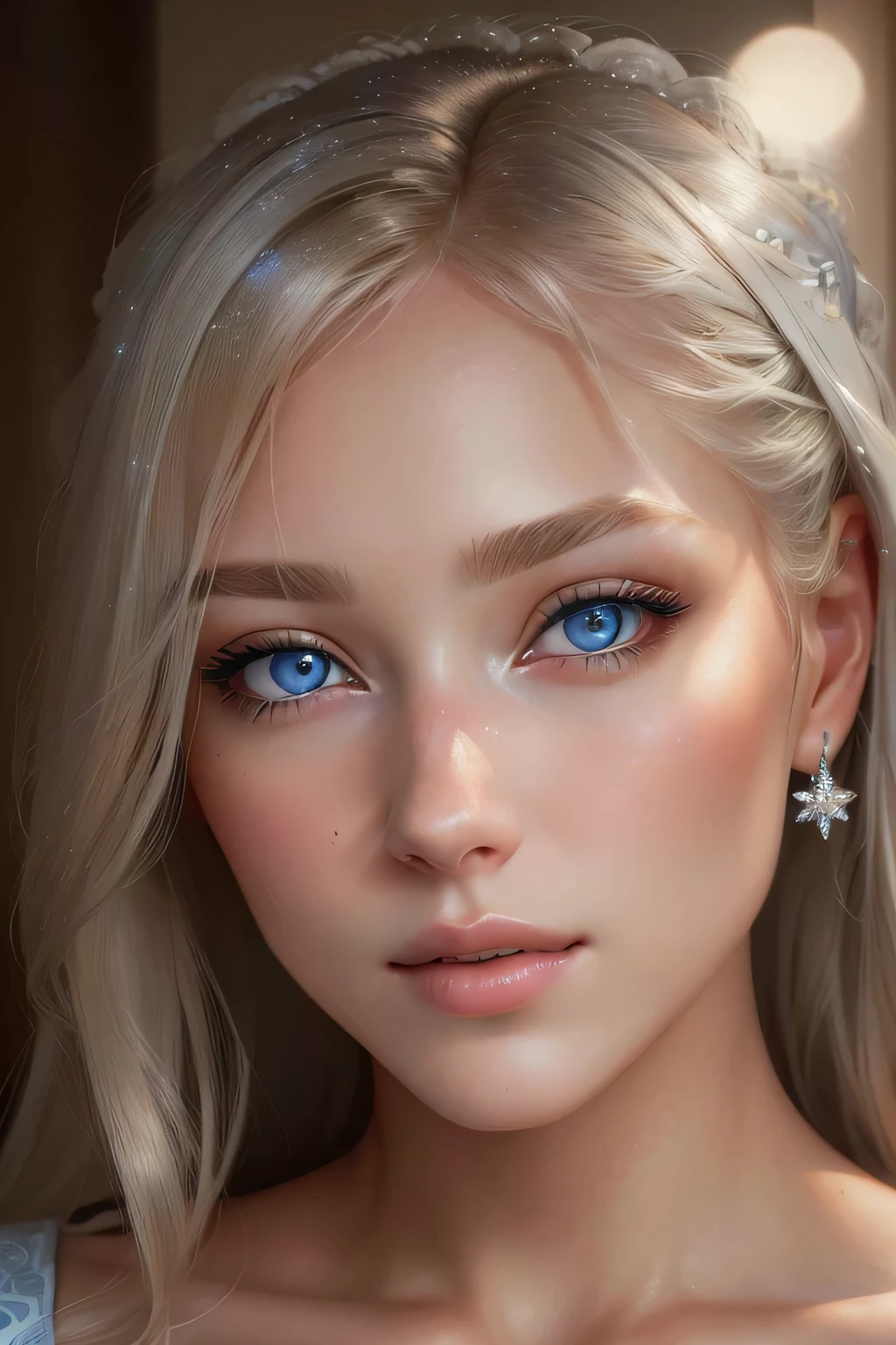 a close up of a woman with blonde hair and blue eyes, soft portrait shot 8 k, photorealistic beautiful face, glowing with silver light, porcelain highlighted skin, blonde hair and large eyes, girl silver hair, beautiful and realistic faces, glowing porcelain skin, portrait sophie mudd, beautiful realistic face, blonde hair and blue eyes, light makeup, grey contacts