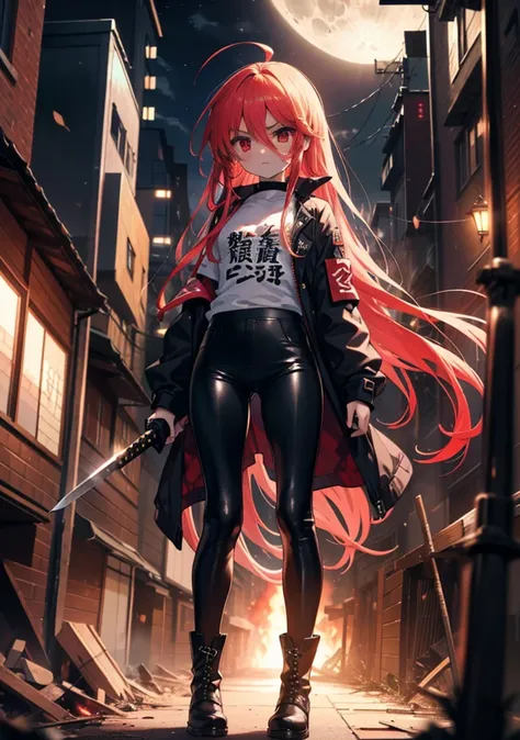 shana,灼眼のshana,long hair, redhead, red eyes, ahoge,small breasts,serious face,black rider suit,black t-shirt,leather pants,boots...