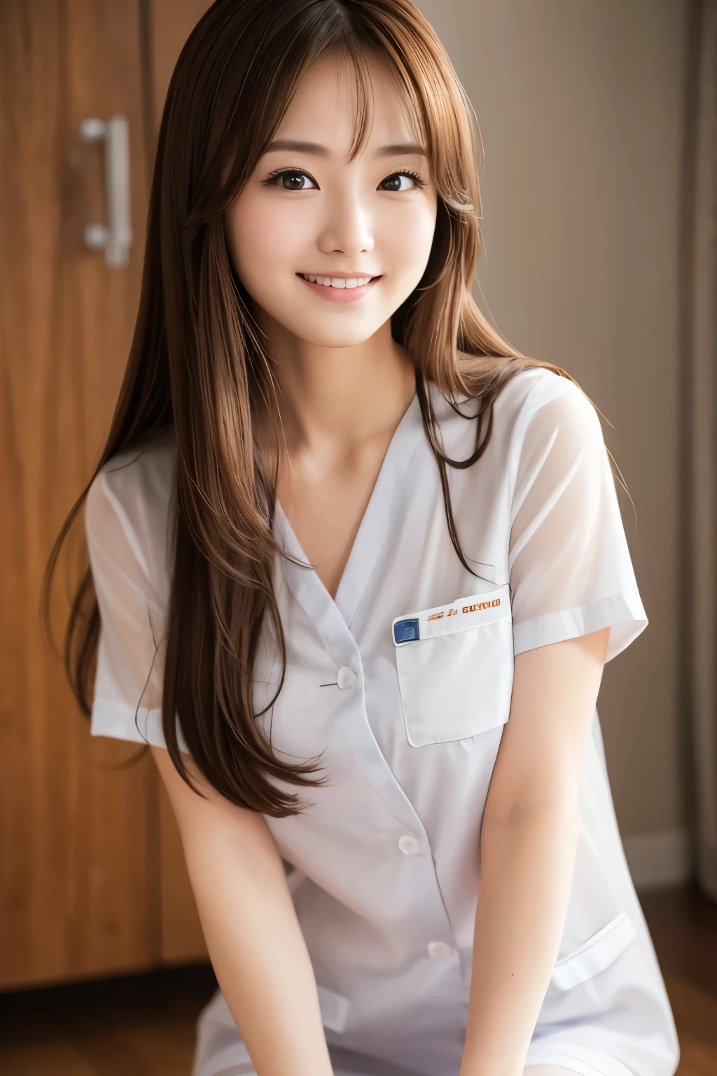 One person, Long Hair, High resolution, solo, chest, Gaze, smile, Open your mouth, Brown Hair, Simple Background, 大きなchest, Feet out of frame, Background blur, See-through nursing uniform