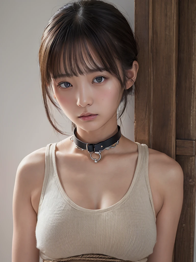 ((Highest quality, masterpiece :1.3)), Realistic、Ultra-high resolution、Natural skin texture、Hyperrealism、From the waist up、Beautiful Japanese girl in her late teens、Sparkling eyes、Large breasts、Sleeveless shirt with collar、Restrained by rope、Angry expression