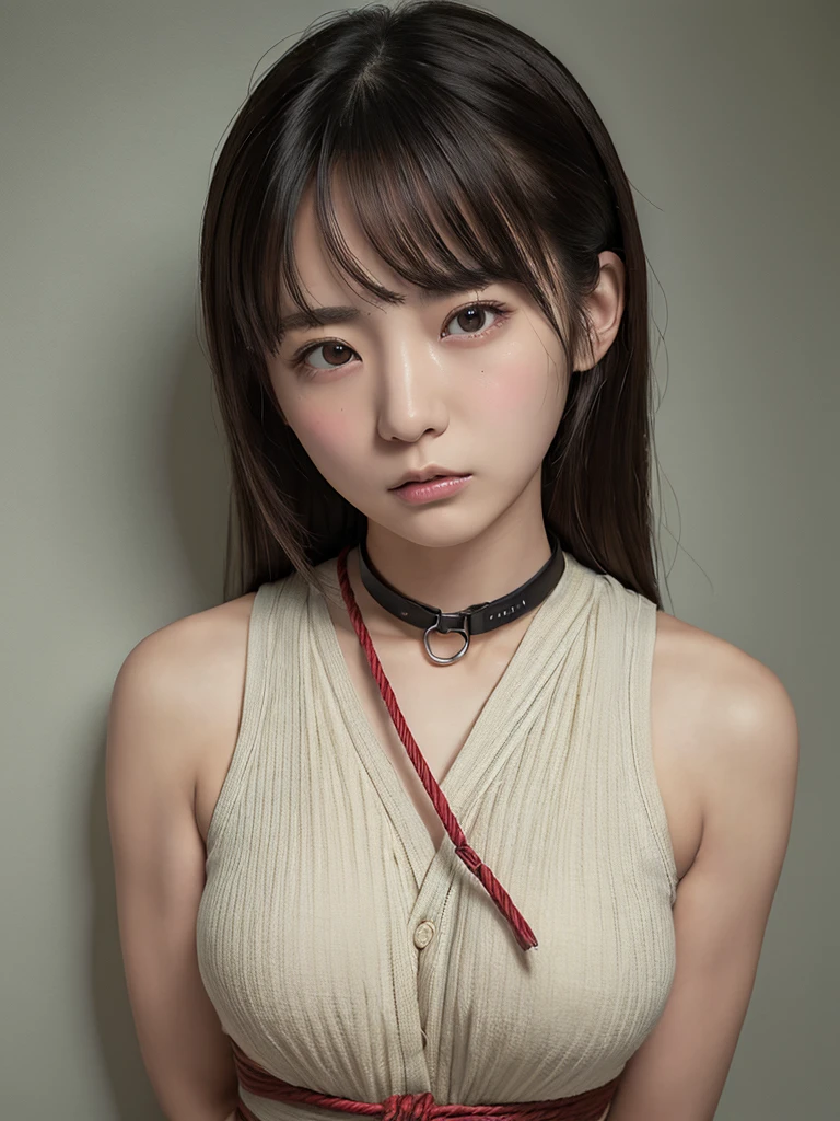 ((Highest quality, masterpiece :1.3)), Realistic、Ultra-high resolution、Natural skin texture、Hyperrealism、From the waist up、Beautiful Japanese girl in her late teens、Sparkling eyes、Large breasts、Sleeveless shirt with collar、Restrained by rope、Angry expression