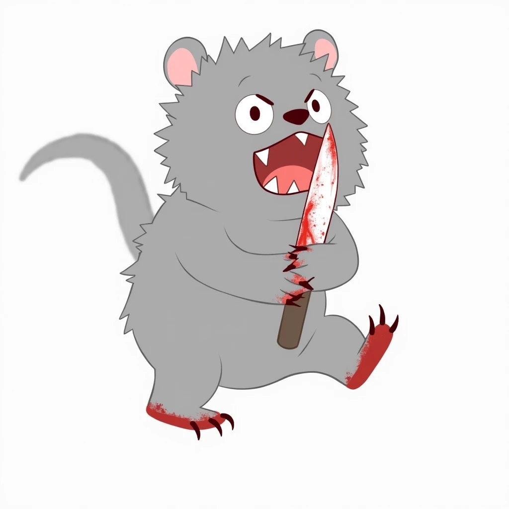 A frightening mole mascot have a grey. The costume is blood-stained and carries a knife, moving through the dimly lit corridors of the library. Anime style