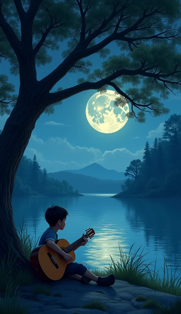 A boy seating under a tree with a guiter side of a river in night with deep moon with a peaceful scenery