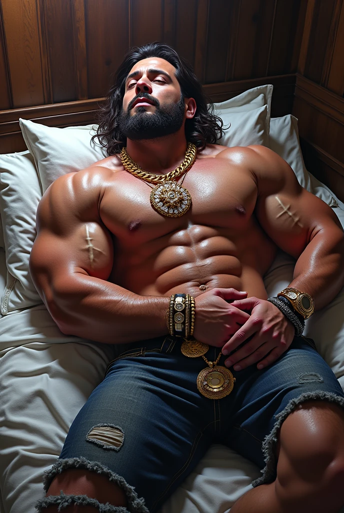 Full body bodybuilder porn actor amalgamation, dj, rapper, billionaire, Zyzz com Jeff Seid, Brice Akuesson e Ronnie Coleman , Golden diamond silver chain, Patek watch, 8-bud abdomen, big 25 cm penis full body in tanga muy borracho sumiso y dejandose manosear por un enchanted and passionate adolescente gay man muy muy delgado y aprovechandose manoseando todo el cuerpo y besando en la boca al bodybuilder, todos acostados en una cama, gay scene, gay sexy.