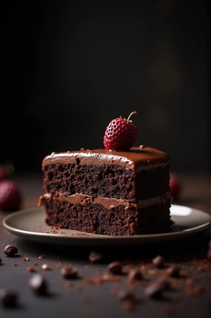 cinematic film still chocolate, chocolate cake, dark background, quality photo, moist texture, frosting, studio photo, slice . shallow depth of field, vignette, highly detailed, high budget, bokeh, cinemascope, moody, epic, gorgeous, film grain, grainy