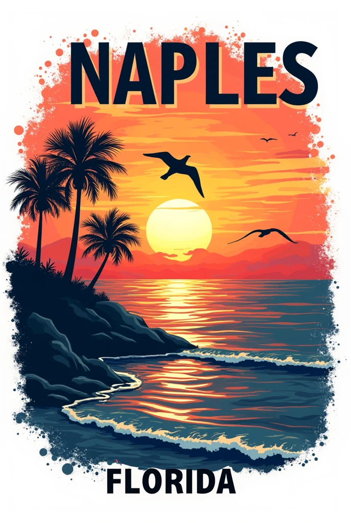 A vector illustration t-shirt graphic design. The design prominently features the text "NAPLES" at the top, followed by "FLORIDA" at the bottom. In the center, there's a vibrant sunset with horizontal stripes in shades of orange, yellow, and red. Silhouetted against the sun are cypress trees on a rugged coastline. The design is complemented by a few seagulls flying in the sky. Isolated on a white background