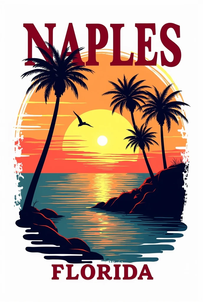 A vector illustration t-shirt graphic design. The design prominently features the text "NAPLES" at the top, followed by "FLORIDA" at the bottom. In the center, there's a vibrant sunset with horizontal stripes in shades of orange, yellow, and red. Silhouetted against the sun are cypress trees on a rugged coastline. The design is complemented by a few seagulls flying in the sky. Isolated on a white background