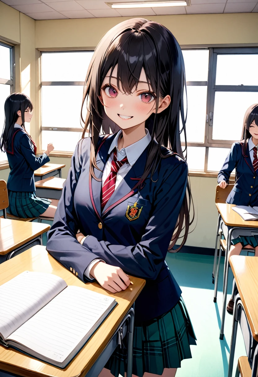 Black Hair、school uniform、classroom、smile、Slender