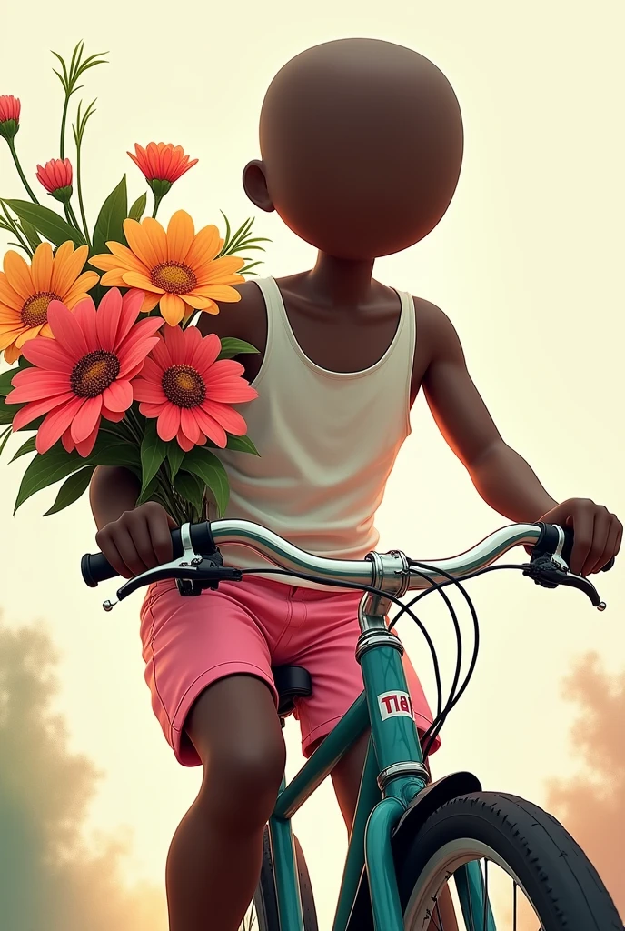Drawing of Trong Nhan, black skin, Trong head, wearing a tank top, pink shorts holding flowers, ride a bike to meet your lover