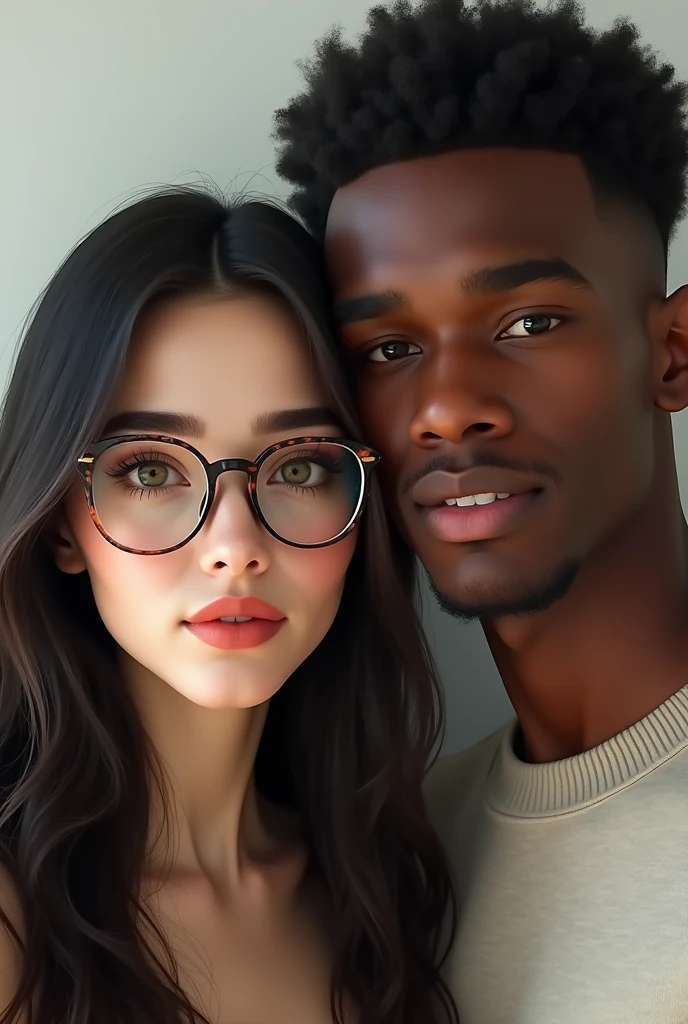Photorealism Short white girl with long black hair wearing glasses with a tall black boy with a round face