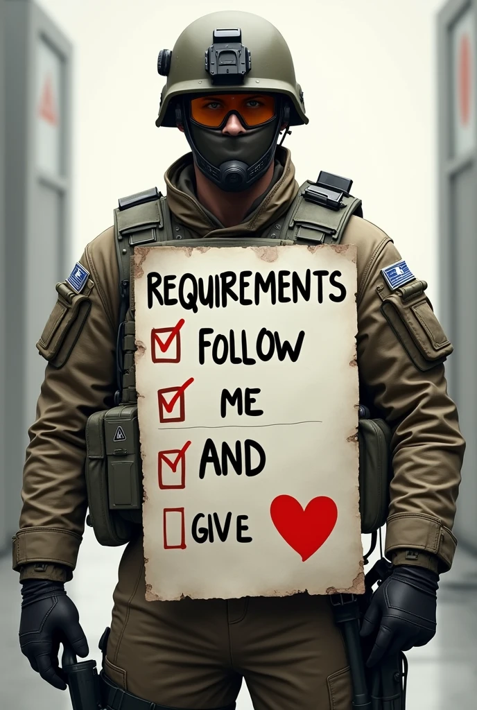 Create a thumbnail that says "Requirements: follow me and give ❤"  on a soldier&#39;s list


