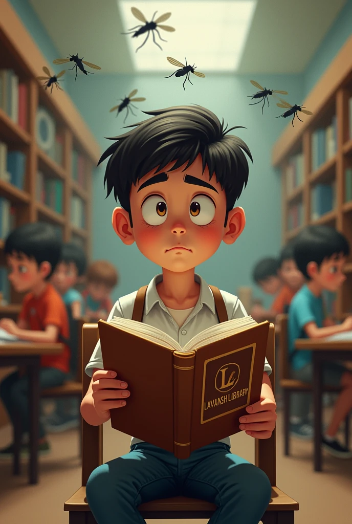 Many mosquito flying or a boy or his behind other students sitting who reading in library chair his hand holding a LA name logo book and one had on his head watching flying mosquito with stress or behind showing Lavansh Library name on the background