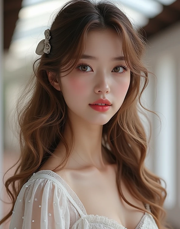 1 Girl,full body shot (1.3),close shot (1.3), face close-up, corridor,Soft Light, Korean Beauty,dress,Light-haired,long hair,
white background, gorgeous Korean-Russian girl, doll face, with thick and long wavy brown with golden blonde undertones hair, big and large slender dolly hazel-blue bright eyes, long and thick curly dark brown eyelashes, button upturned nose, high nose bridge, fullest and plumpest with a pout at the top rosy red luscious lips, oval face shape, shorter face, shorter chin, v-shaped jawline, pointy chin, tiny face size, pale milky white traslucent perfect skin, whitening skin, hourglass shaped body, tiny and narrow waist, rounded hips, long and slender beautiful legs, big perfect brests (1.4), large breasts, bust size 84 cm, waist 57 cm, hips 86 cm, bra size 34 D, tall at 5’7, full body image, realistic, photorealistic, ultradetailed, skin texture, hyperealismHigh Resolution, Closed Mouth, highly detailed, high resolution 8K, wearing a cute white dress highliting her horglass body, ribbon on the hair